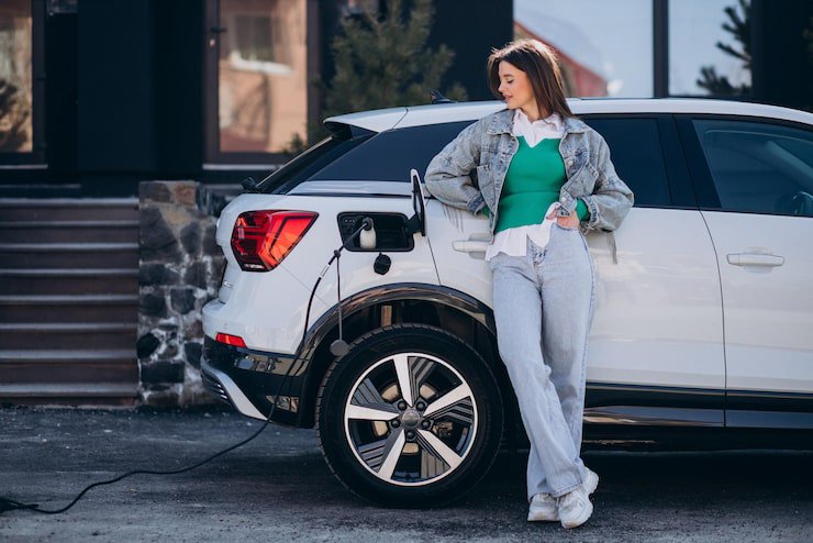 Donna con auto elettrica